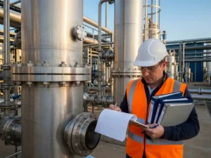 Standortleiter in Warnweste und Schutzhelm prüft Dokumente auf Klemmbrett vor Edelstahl-Prozesskolonnen in industrieller Anlage.