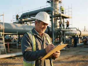 Projektmanager mit Schutzhelm prüft Bauplan auf Klemmbrett, im Hintergrund Stahlrohre und Gerüste einer Industrieanlage im Morgenlicht.