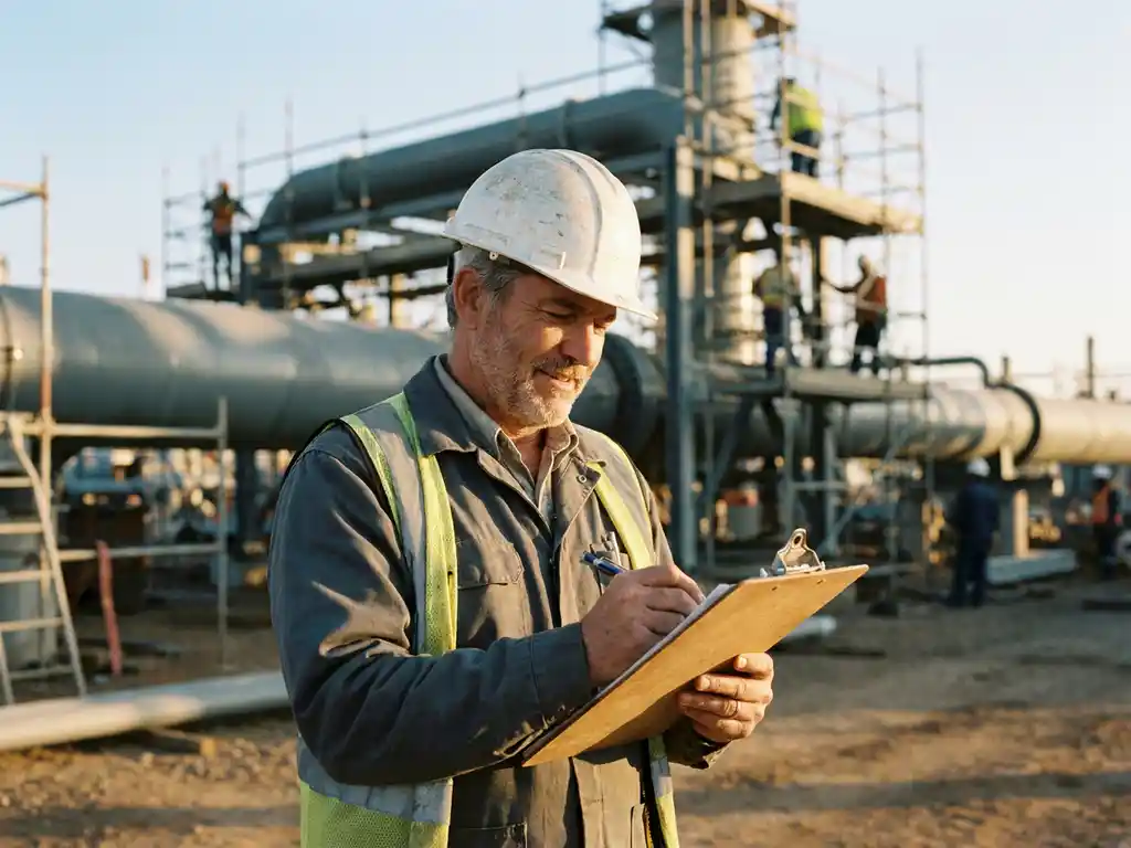 Projektmanager mit Schutzhelm prüft Bauplan auf Klemmbrett, im Hintergrund Stahlrohre und Gerüste einer Industrieanlage im Morgenlicht.