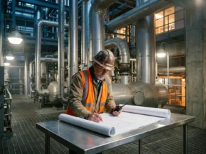 Baustellenleiter mit Schutzhelm und Warnweste prüft technische Zeichnungen in einer aktiven Industrieanlage mit Rohrsystemen im Hintergrund.