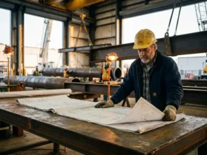 Baustellenleiter mit Schutzhelm prüft technische Zeichnungen auf Stahltisch in aktiver Industriebaustelle mit Rohren und Stahlträgern im Hintergrund.