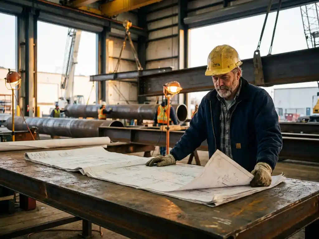 Baustellenleiter mit Schutzhelm prüft technische Zeichnungen auf Stahltisch in aktiver Industriebaustelle mit Rohren und Stahlträgern im Hintergrund.