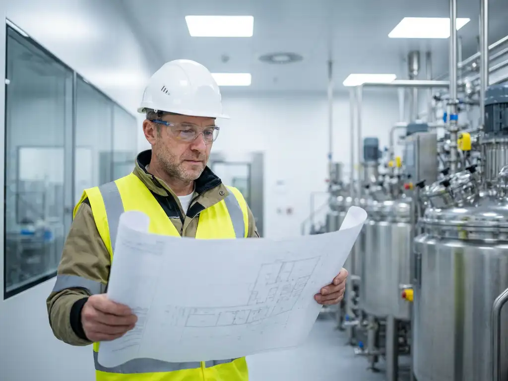 Baustellenleiter mit weißem Schutzhelm prüft Baupläne in pharmazeutischer Produktionsanlage mit Bioreaktoren aus Edelstahl.