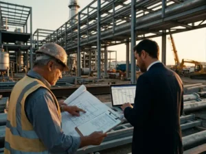 Baustellenleiter mit Schutzhelm prüft Baupläne auf Klemmbrett neben Projektsteuerer mit Laptop-Gantt-Diagramm auf Industriebaustelle.