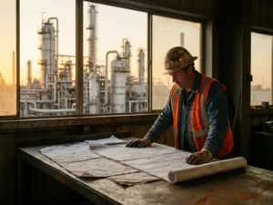Baustellenleiter mit Schutzhelm und Warnweste prüft technische Zeichnungen, im Hintergrund eine Industrieanlage mit Rohren und Druckbehältern.