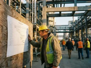 Baustellenleiter mit Schutzhelm prüft gedruckten Zeitplan, Arbeiter und Industrieanlage mit Rohren im Hintergrund, goldenes Abendlicht.