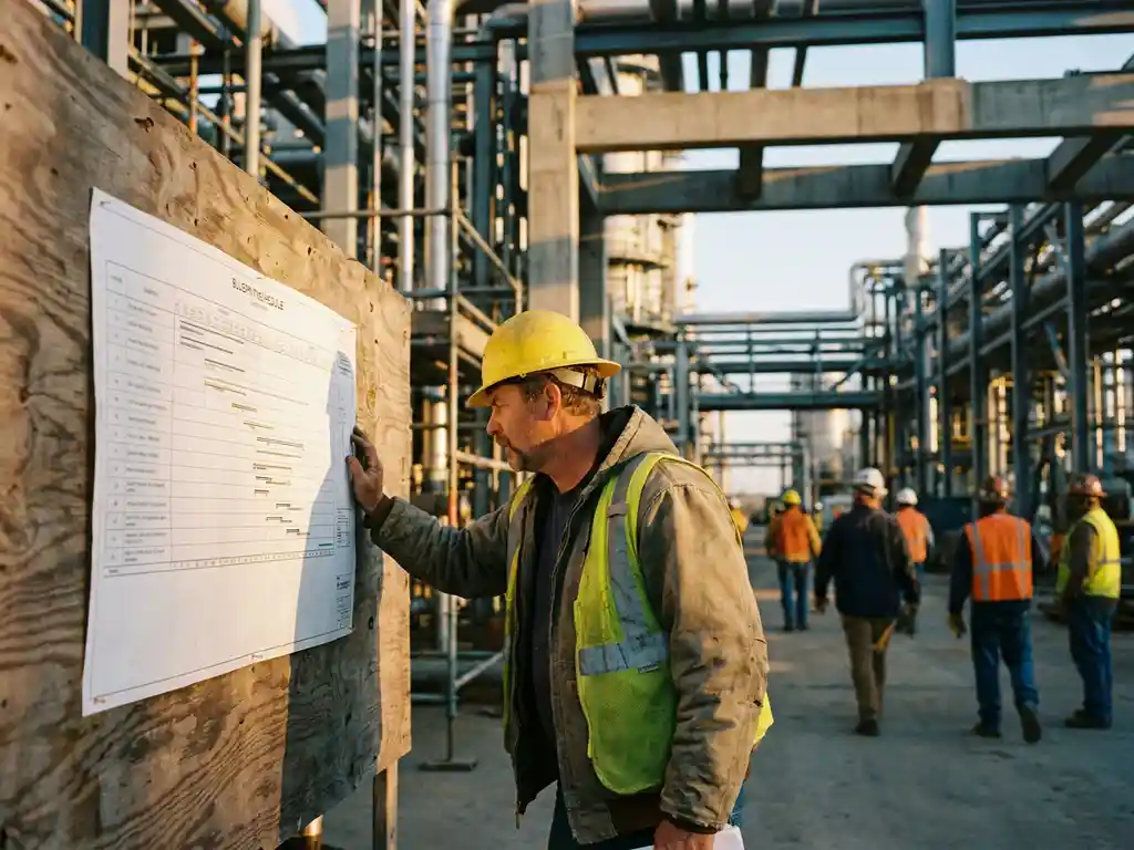 Baustellenleiter mit Schutzhelm prüft gedruckten Zeitplan, Arbeiter und Industrieanlage mit Rohren im Hintergrund, goldenes Abendlicht.