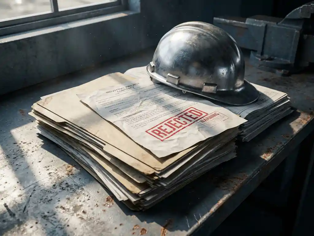 Stapel abgelehnter Industrieprojektverträge unter Stahlhelm auf verwittertem Metalltisch, rotes Ablehnungsstempel-Dokument obenauf.