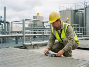 Qualitätsprüfer mit Schutzhelm untersucht frisch gegossene Betonoberfläche mit Messgerät, Rohrleitungen einer Industrieanlage im Hintergrund.