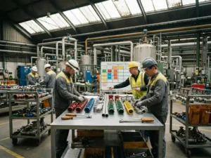 Arbeiter in Schutzhelmen sortieren farbkodierte Rohrverbindungen auf einer Stahlfläche in einer Chemieanlage.