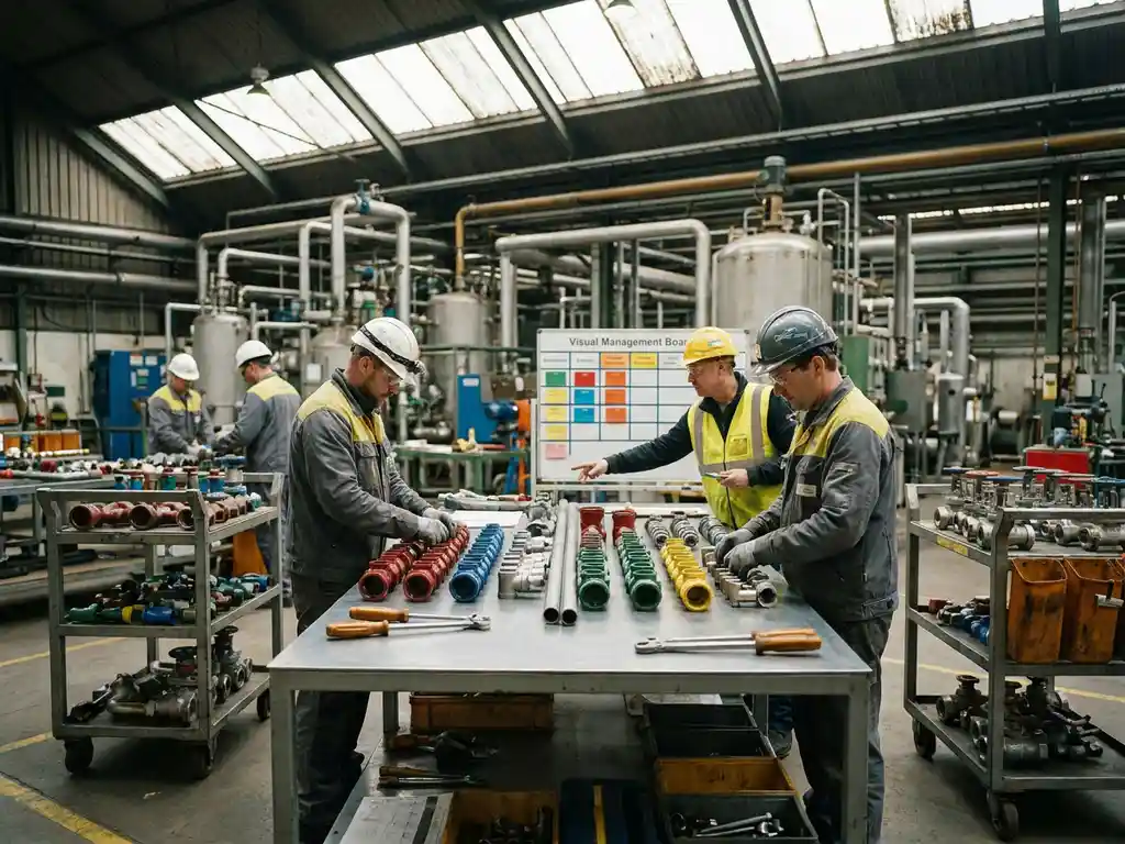 Arbeiter in Schutzhelmen sortieren farbkodierte Rohrverbindungen auf einer Stahlfläche in einer Chemieanlage.