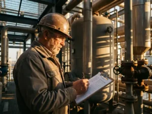 Werksleiter mit Schutzhelm prüft Inspektionscheckliste auf Klemmbrett in chemischer Industrieanlage mit Stahlrohren und Druckbehältern.