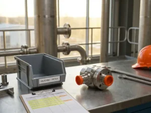 Kritisches Ventilbauteil neben leerem Teilebehälter auf Stahltisch, Materialmanifest mit Lücken, Prozesskolonnen im Hintergrund.