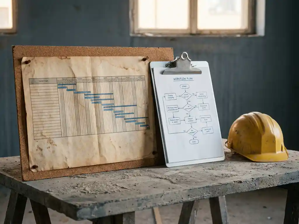 Verwittertes Gantt-Diagramm auf Korkwand neben schlankem Workflow-Entwurf, gelber Schutzhelm auf Beton-Baustellentisch.