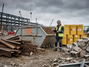 Industrieller Abfallcontainer auf Chemieanlage-Baustelle mit Stahlschrott, Betonschutt und gelben Gefahrstofftonnen, Bauleiter mit Klemmbrett.