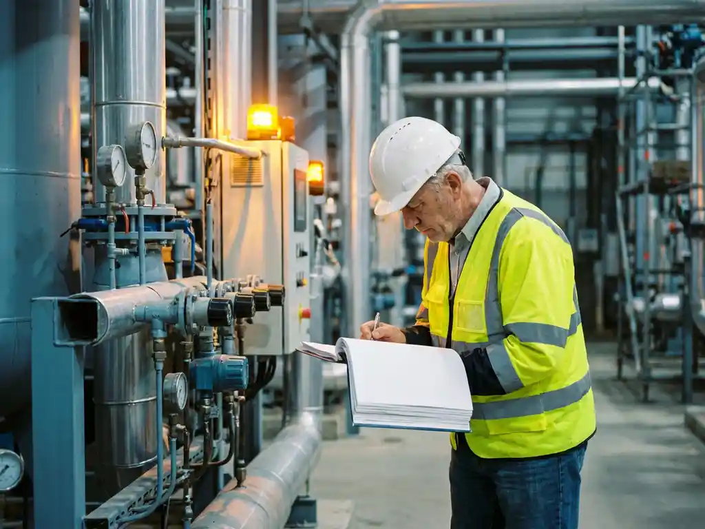 Erfahrener Ingenieur mit Schutzhelm und Warnweste prüft technische Checklisten vor Industriepipeline mit Ventilen und Manometern.