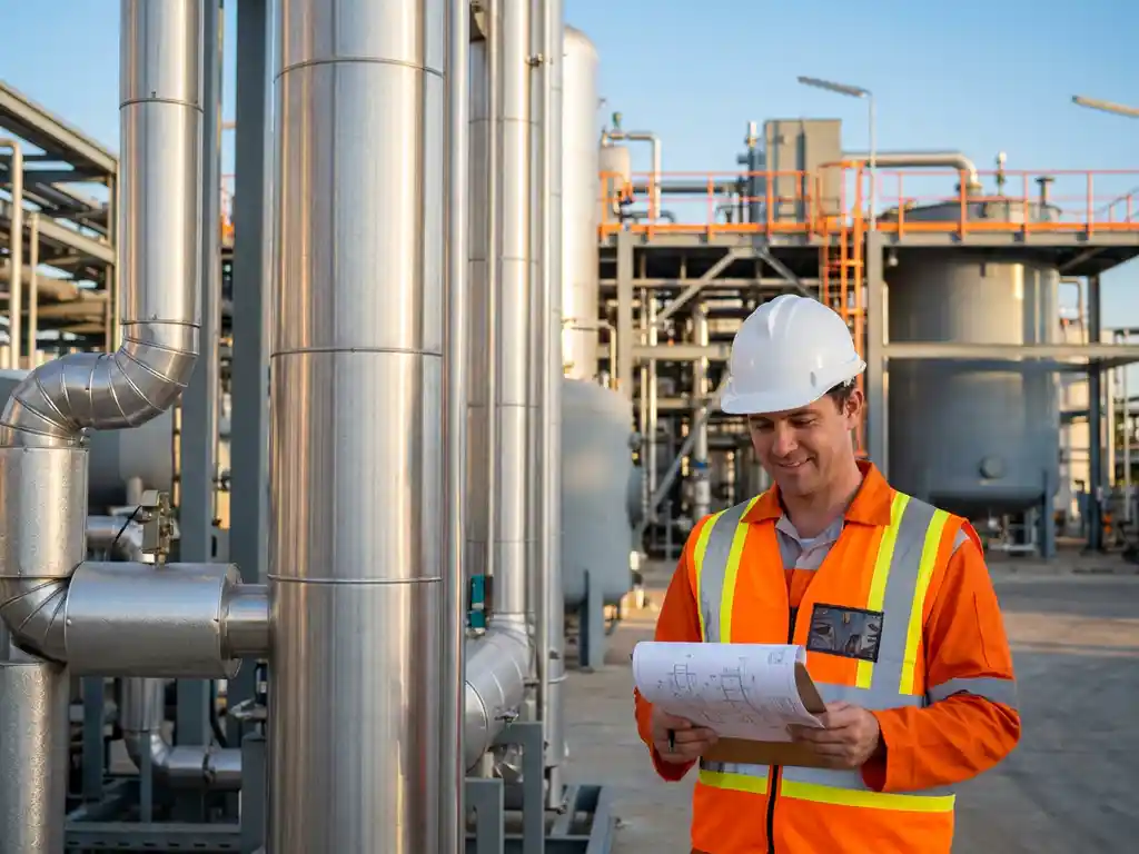 Ingenieur mit weißem Schutzhelm und Warnweste prüft technische Unterlagen vor Edelstahl-Prozesskolonnen einer modernen Chemieanlage.