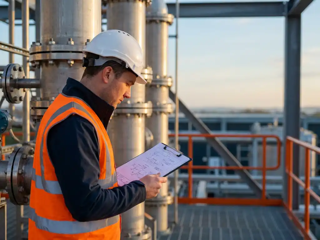 Ingenieur mit Schutzhelm und Warnweste prüft technische Dokumente neben Edelstahl-Prozesskolonnen in einer modernen Chemieanlage.