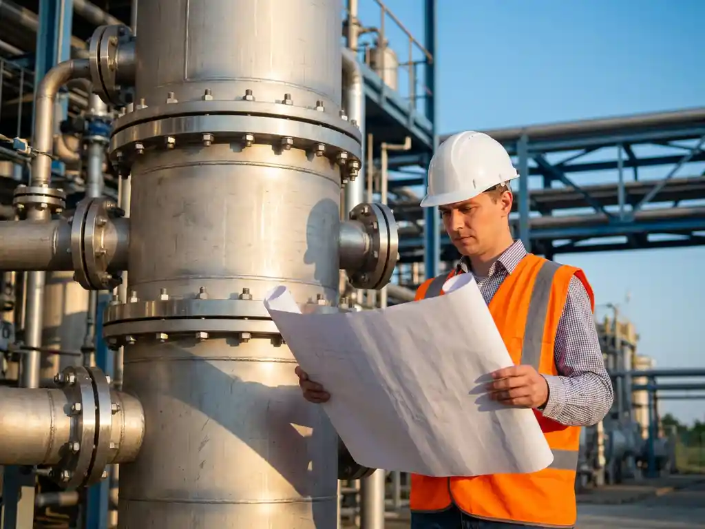 Ingenieur in Warnweste und Schutzhelm prüft technische Unterlagen neben einer Edelstahl-Prozesskolonne in einer modernen Chemieanlage.