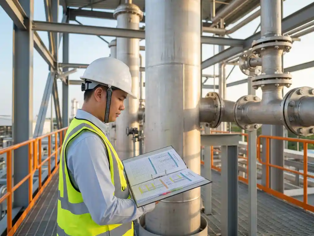 Ingenieur in Warnweste und Schutzhelm prüft Montagepläne auf einem Industrieanlagenweg mit Edelstahlkolonnen im Hintergrund.
