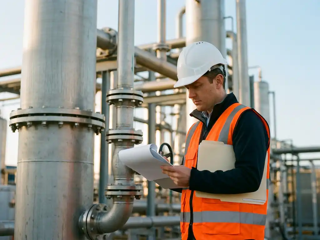 Ingenieur mit weißem Schutzhelm und Warnweste prüft Dokumente auf Klemmbrett neben Edelstahl-Prozesskolonnen bei goldenem Abendlicht.