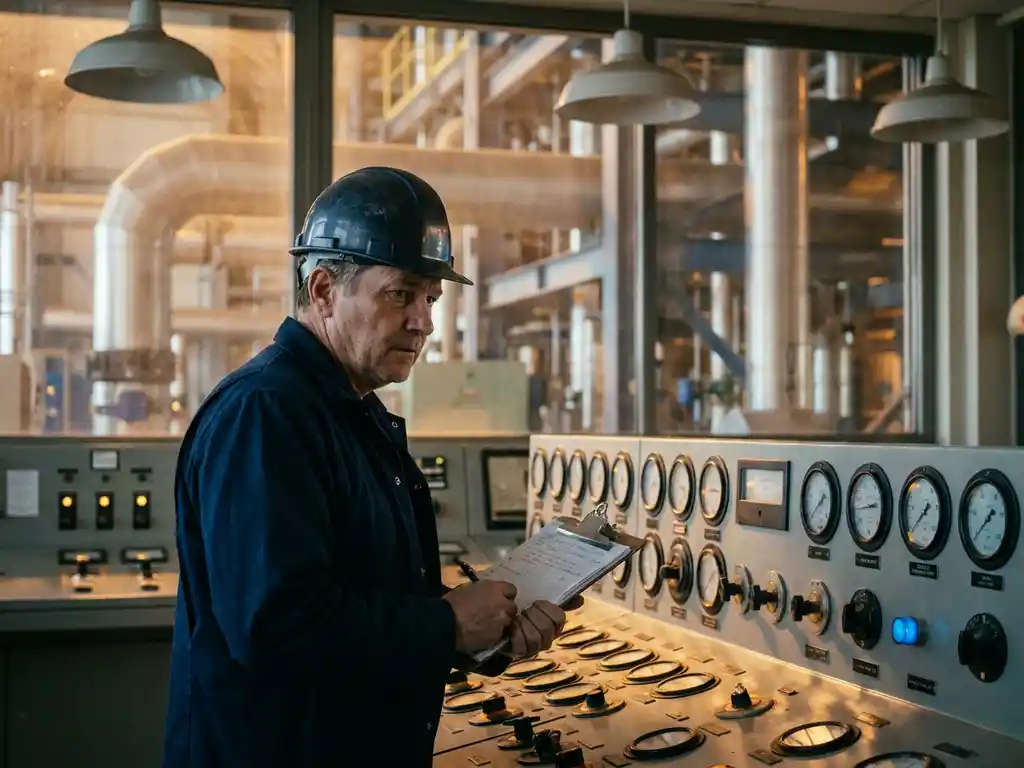 Ingenieur prüft analoge Manometer und Ventilanzeigen in einer Prozessanlage während der Inbetriebnahme, Rohrleitungen im Hintergrund.
