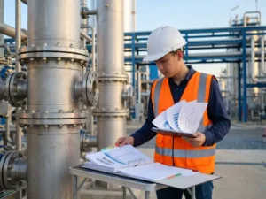 Ingenieur mit Warnweste und Schutzhelm prüft Projektkostenunterlagen vor Prozesskolonnen einer modernen Chemieanlage im Abendlicht.