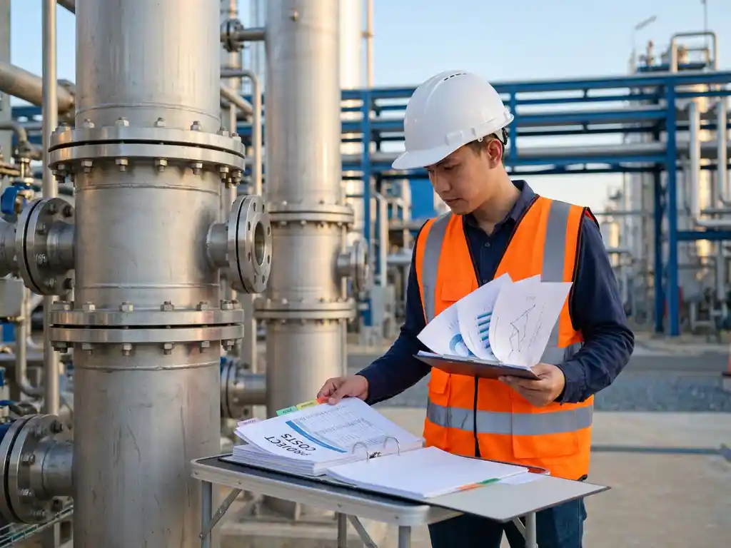 Ingenieur mit Warnweste und Schutzhelm prüft Projektkostenunterlagen vor Prozesskolonnen einer modernen Chemieanlage im Abendlicht.