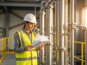 Ingenieur mit Warnweste und Schutzhelm prüft Planungsunterlagen vor Edelstahl-Prozesskolonnen in einer modernen Pharmafabrik.