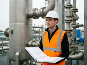 Projektingenieur mit Warnweste und Schutzhelm prüft Unterlagen vor großen Edelstahl-Prozesskolonnen auf einer Industrieanlage.