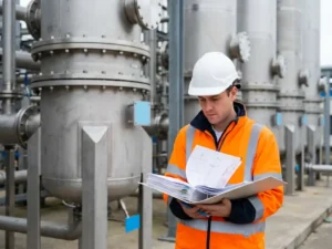 Ingenieur mit Warnweste und Schutzhelm prüft Dokumente vor Edelstahl-Prozesskolonnen in einer Industrieanlage.