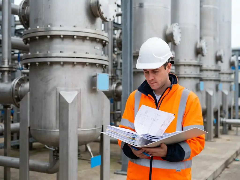 Ingenieur mit Warnweste und Schutzhelm prüft Dokumente vor Edelstahl-Prozesskolonnen in einer Industrieanlage.