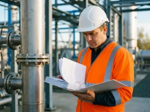 Ingenieur in Warnweste und Schutzhelm prüft Dokumente neben einer Edelstahl-Prozesskolonne in moderner Industrieanlage.