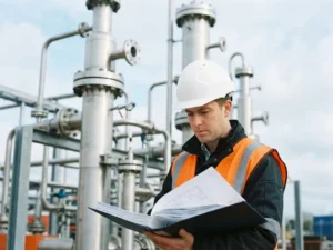 Ingenieur in Warnweste und Schutzhelm prüft Projektunterlagen vor Edelstahl-Prozesskolonnen auf einer Industrieanlage.