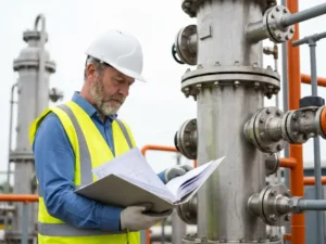 Ingenieur mit Warnweste und Schutzhelm prüft Dokumente neben einer Edelstahl-Prozesskolonne mit Flanschen und Rohrleitungen.