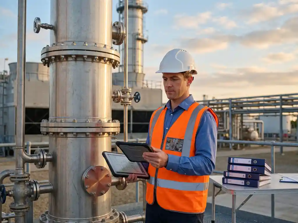 Ingenieur mit Schutzhelm und Warnweste prüft Tablet neben Edelstahl-Prozesskolonne in moderner Chemieanlage bei Abendsonne.
