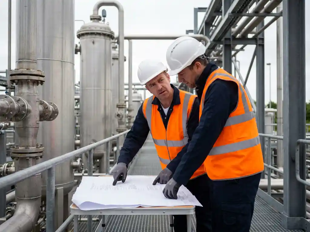 Zwei Ingenieure in Warnwesten und Schutzhelmen prüfen einen Zeitplan auf einem Chemiewerk-Steg mit Edelstahlkolonnen im Hintergrund.