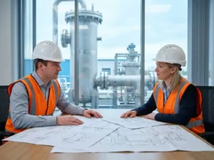 Zwei Ingenieure in Schutzhelmen und Warnwesten prüfen getrennte technische Dokumente an einem Tisch, Prozessanlage im Hintergrund.
