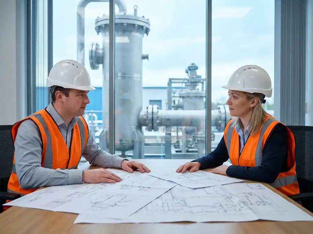 Zwei Ingenieure in Schutzhelmen und Warnwesten prüfen getrennte technische Dokumente an einem Tisch, Prozessanlage im Hintergrund.