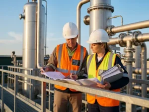 Zwei Ingenieure in Warnwesten und Schutzhelmen prüfen Dokumente auf einem Industrieanlage-Steg mit Edelstahltürmen im Hintergrund.
