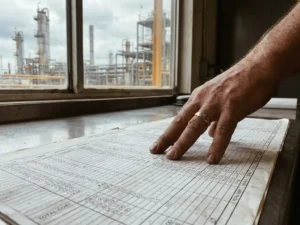 Projektmanager drückt Finger auf gedruckte Kostenverfolgungstabelle, im Hintergrund verschwommene Industrieanlage mit Türmen und Rohren.