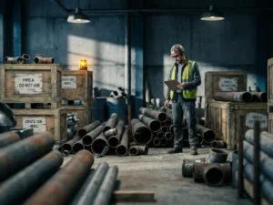 Baustellenmanager mit Schutzhelm prüft Klemmbrett in unordentlichem Industrielager mit Rohren und Kisten.