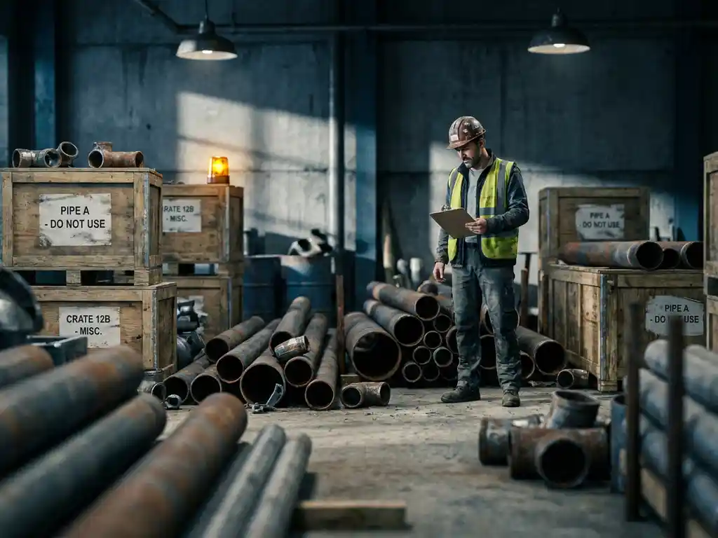 Baustellenmanager mit Schutzhelm prüft Klemmbrett in unordentlichem Industrielager mit Rohren und Kisten.