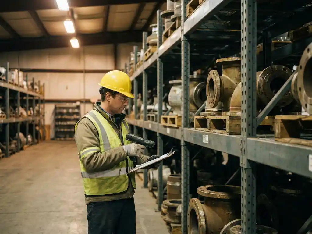 Lagerarbeiter mit Schutzhelm scannt Rohrfittings aus Stahl in einem Chemiewerk-Lager, Klemmbrett und Barcodescanner in der Hand.