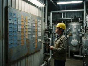 Ingenieur mit Schutzhelm prüft farbkodiertes Lean-Production-Board in einer chemischen Industrieanlage mit Rohrleitungen im Hintergrund.