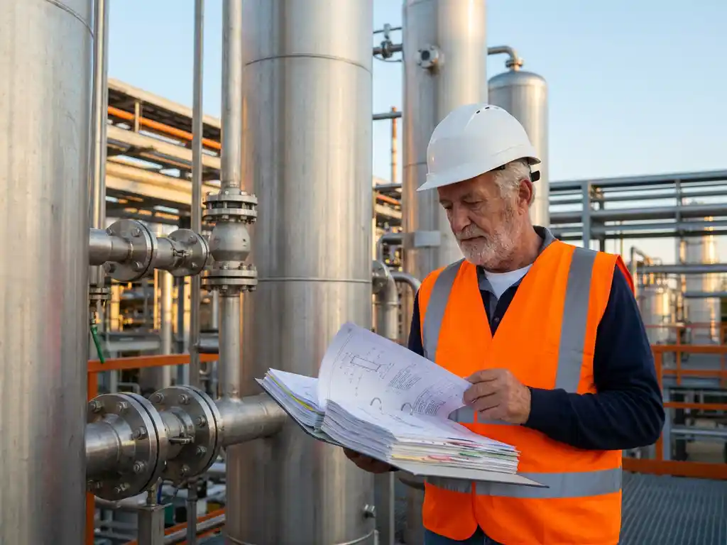 Erfahrener Ingenieur mit Schutzhelm prüft Projektunterlagen neben Edelstahlprozesskolonnen in moderner Chemieanlage.