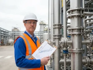 Leitingenieur mit Schutzhelm und Warnweste prüft Projektplan auf Klemmbrett neben Edelstahl-Prozesskolonnen in einer Chemieanlage.