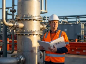 Leitingenieur mit Warnweste und Schutzhelm prüft Projektplan neben einer Edelstahl-Prozesskolonne bei goldenem Abendlicht.