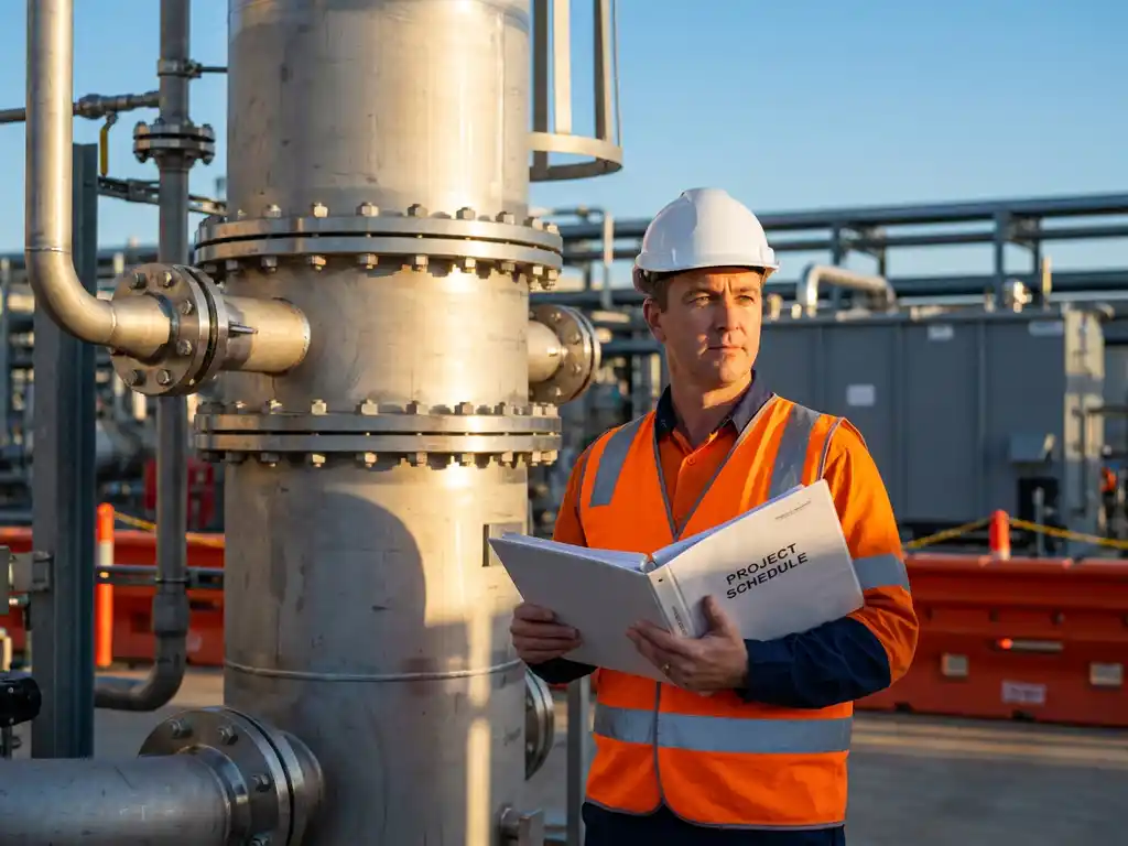 Leitingenieur mit Warnweste und Schutzhelm prüft Projektplan neben einer Edelstahl-Prozesskolonne bei goldenem Abendlicht.