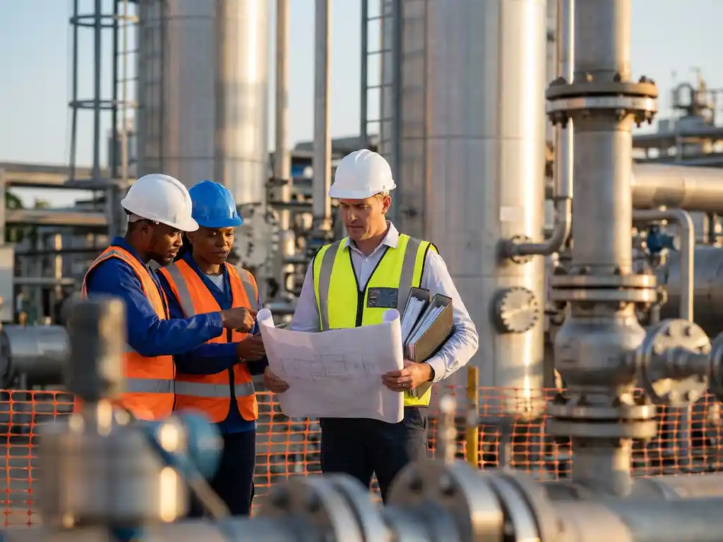 Leitingenieur mit Warnweste und weißem Schutzhelm prüft technische Zeichnung an Industrieanlage mit Edelstahlbehältern und Rohrleitungen.